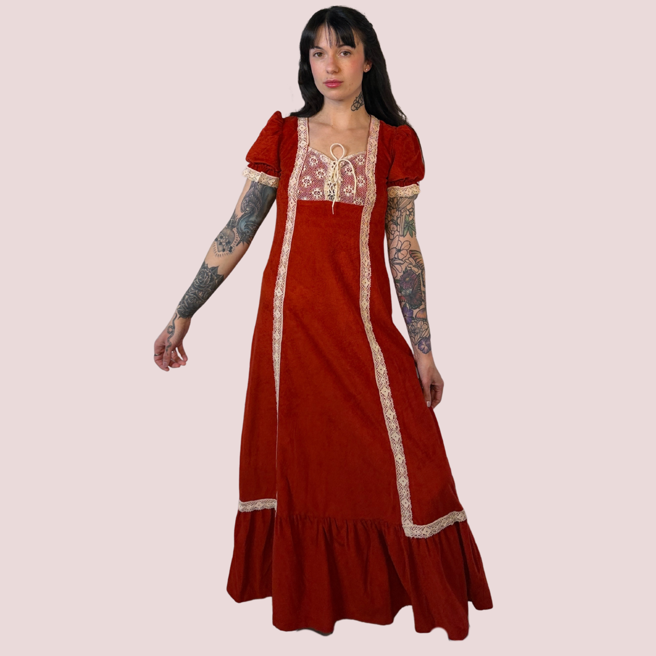 70s Cherry Velveteen Milkmaid Maxi Dress