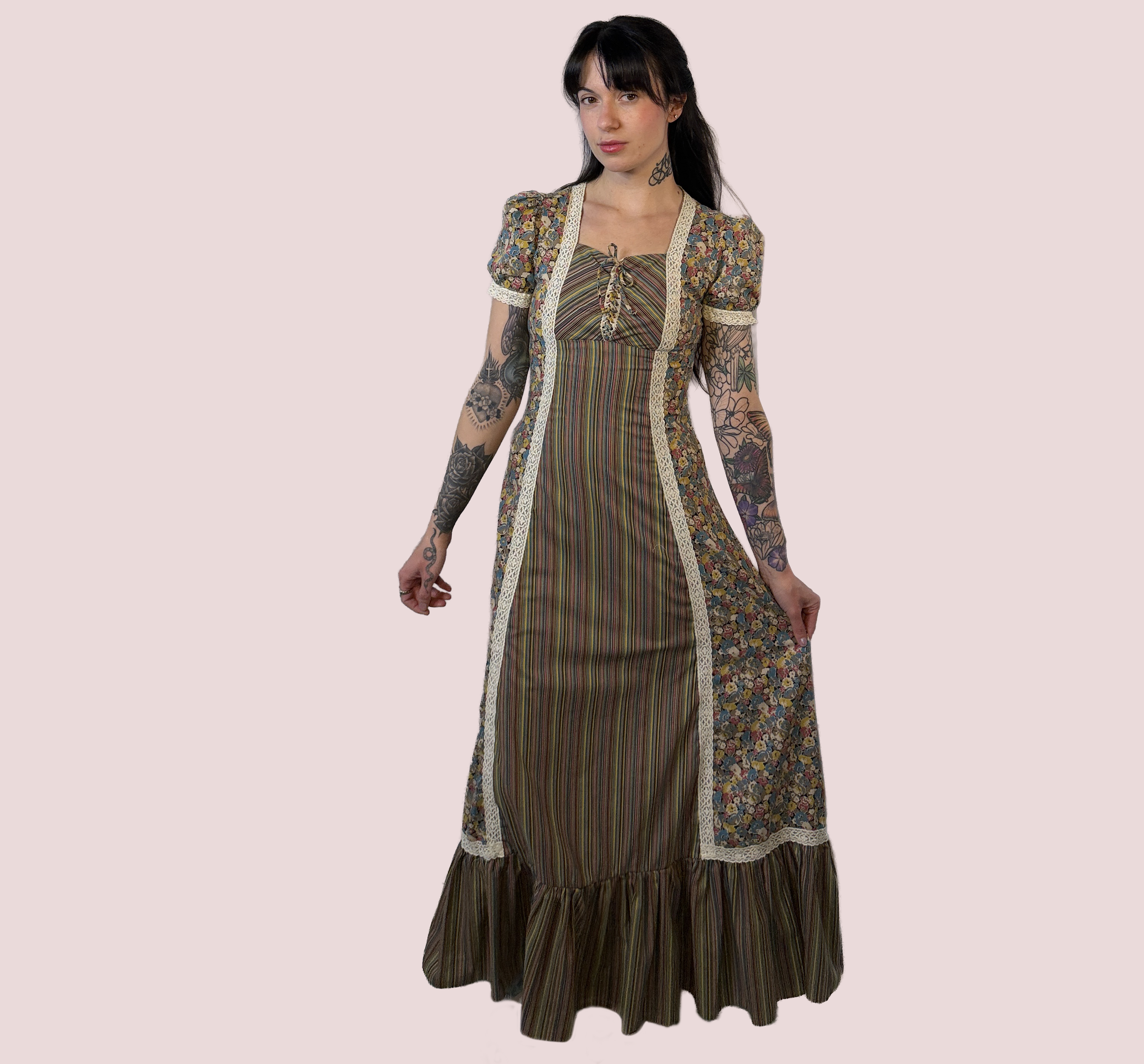 70s Mixed Print Floral & Stripe Prairie Dress