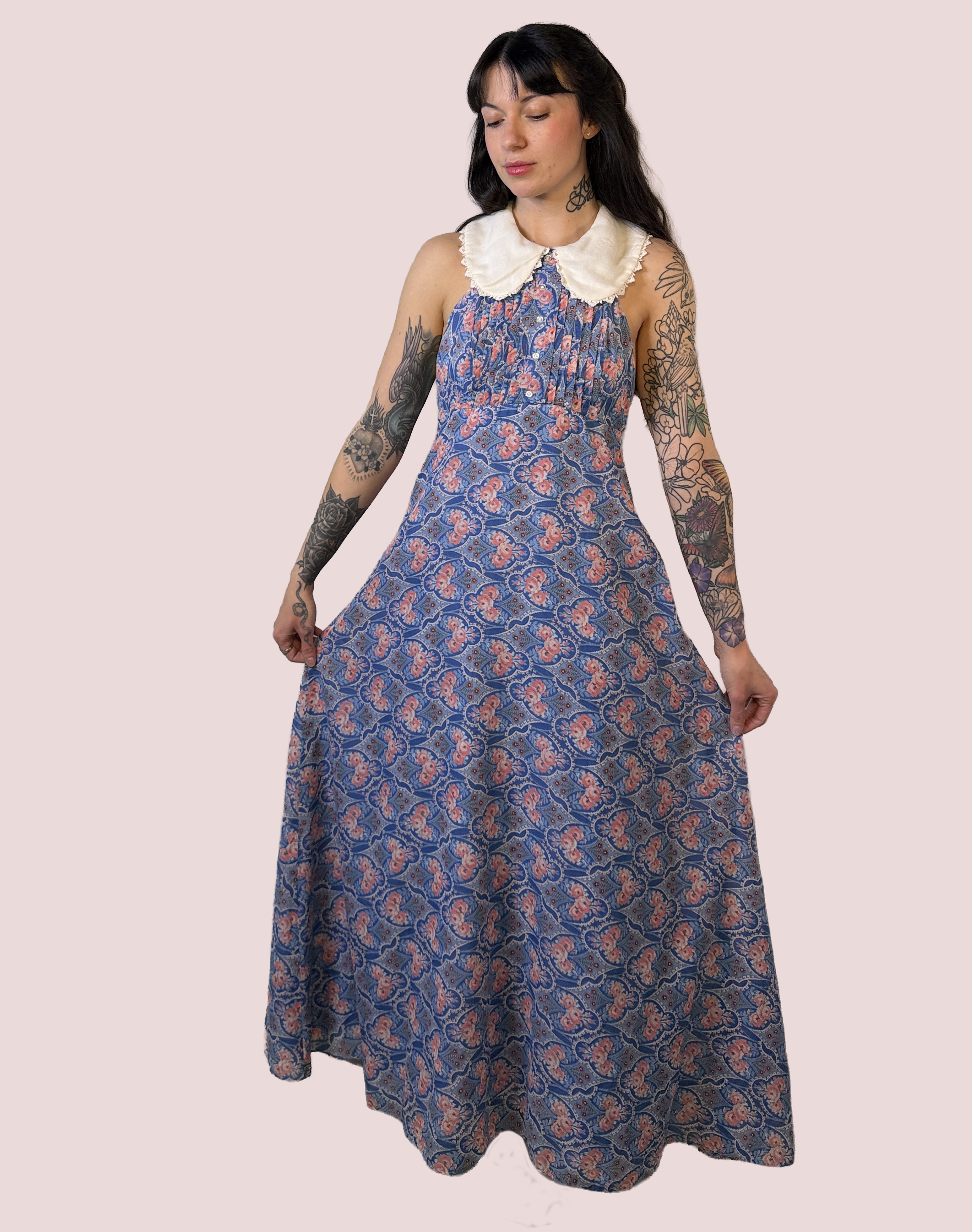 70s California Charm Bandana Halter Maxi Dress
