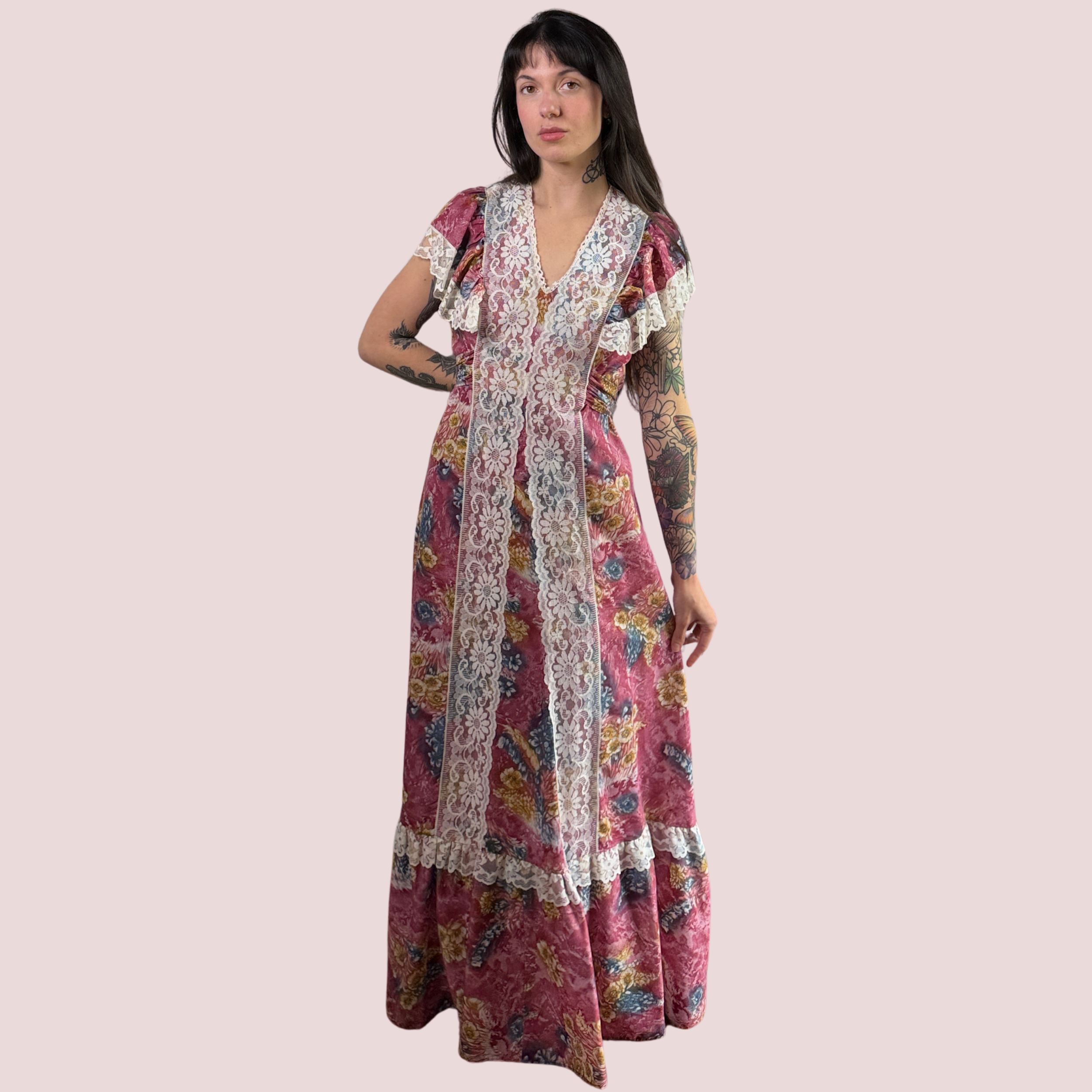 70s Wildflower Lace Trim Prairie Maxi Dress