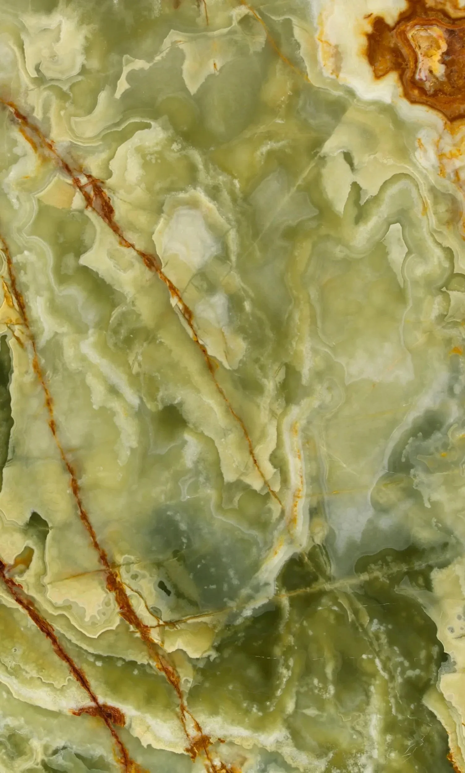 Close-up image of a green and brown marble or onyx stone with intricate patterns and veining.