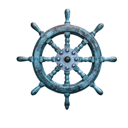 A ship's steering wheel made of metal with multiple spokes and a central hub, used for steering a boat or ship.