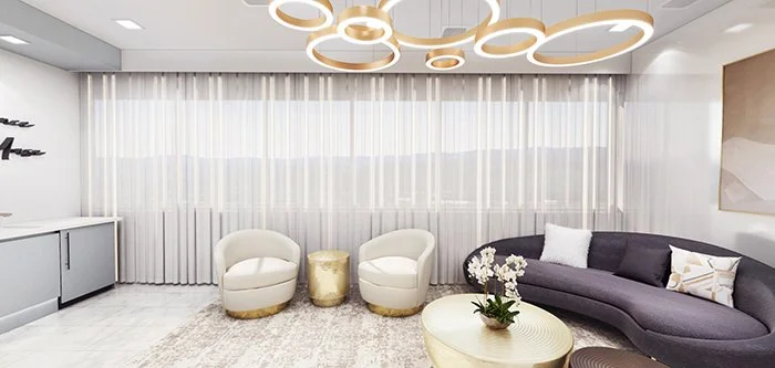 Modern living room with white curtains, minimalist decor, white and gray furniture, circular ceiling lights, and a potted plant on a coffee table.