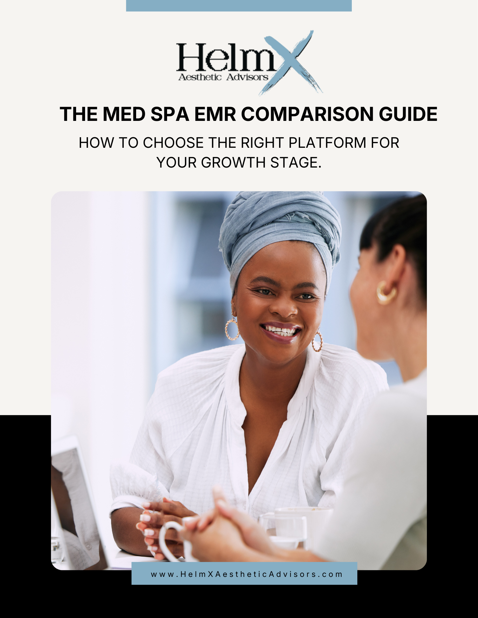 Cover page of a guide titled 'The Med Spa EMR Comparison Guide' with a photo of two women talking, one smiling with a headwrap, in a bright office setting.
