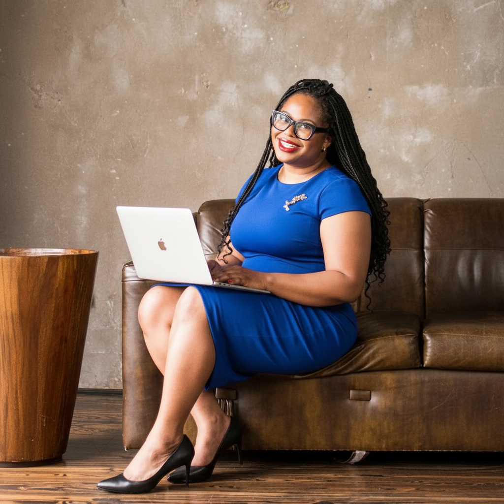 A woman in a blue dress with a brooch, glasses, and black high heels, sitting on a leather sofa with a laptop on her lap, smiling at the camera.