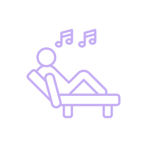 Outline of a person relaxing on a lounge chair with musical notes above, indicating listening to music.