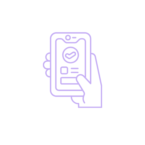 Outline illustration of a hand holding a smartphone with a checkmark and app interface on the screen, in purple line art.