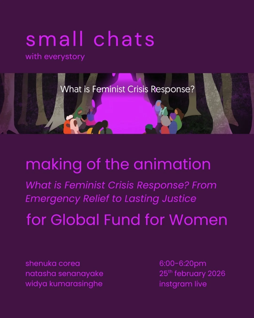 Join us on Wednesday evening, 25th of February for a 20min discussion on the making of the animation "What is Feminist Crisis Response? From Emergency Relief to Lasting Justice" for Global Fund for Women. 

We will have a brief dive into th