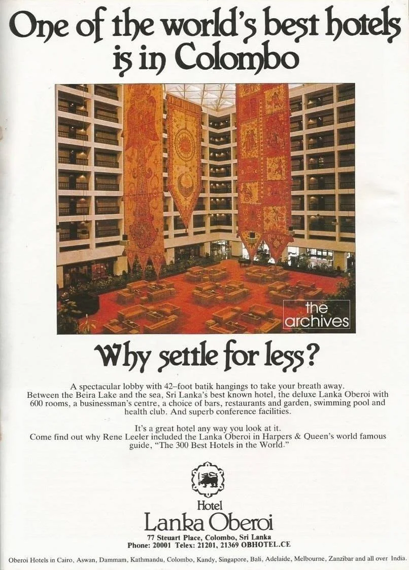 A leaflet of the Colombo Oberoi Hotel in 1975, showcasing the main atrium Space