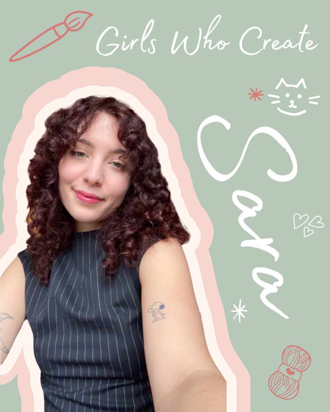 A woman with curly hair, wearing a black pinstripe sleeveless top, smiling at the camera with a light pink and green illustrated background that includes text "Girls Who Create," a paintbrush, a cat, a ball of yarn, and small hearts.