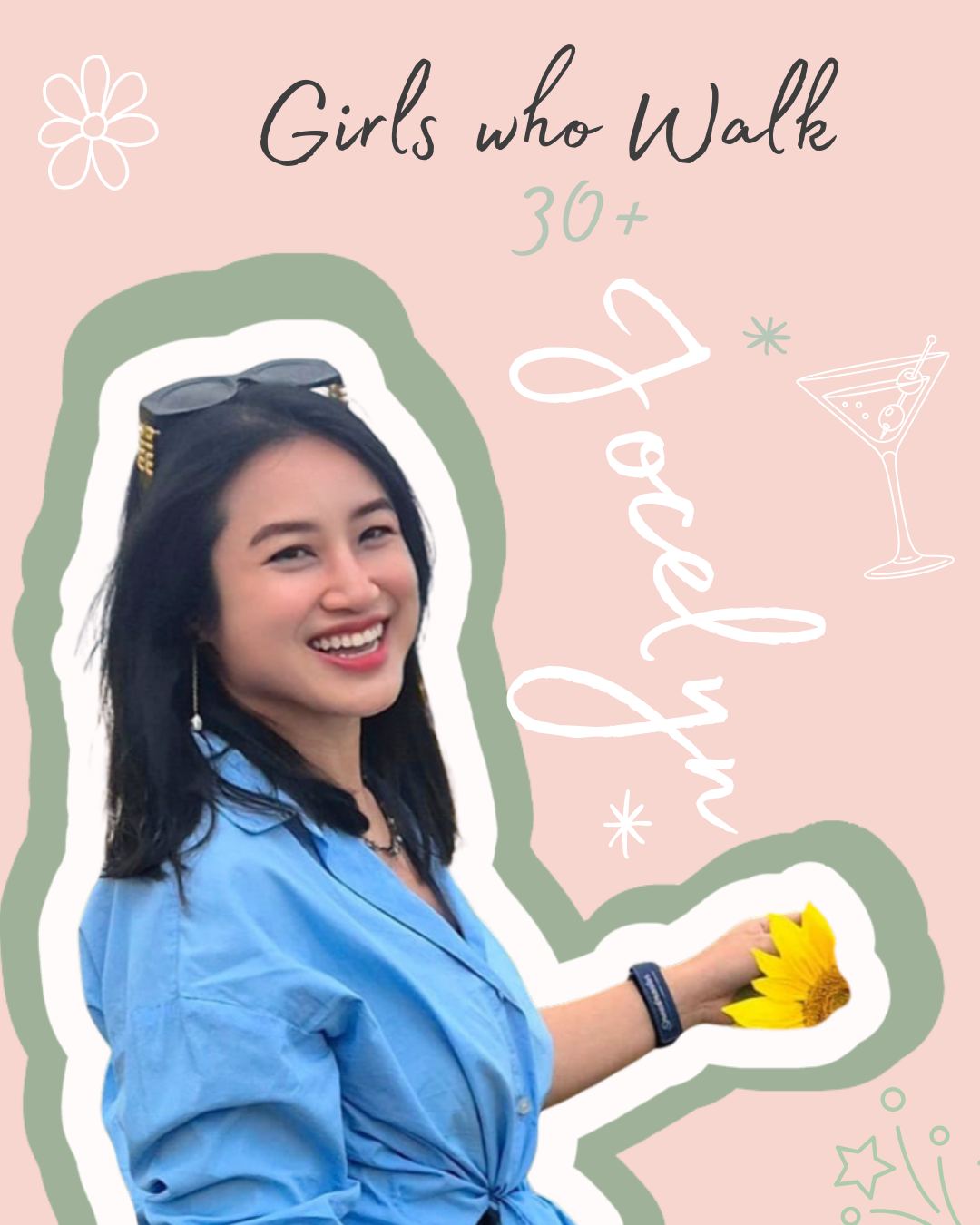 A woman with dark hair in a blue shirt holding a sunflower, smiling, with a pink background behind her that has white text and illustrations, including a cocktail glass and decorative doodles.