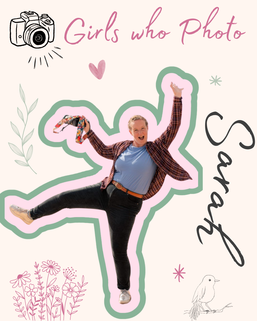 A cheerful woman jumping outdoors, holding a colorful scarf, with text for "Girls who Photo Sharing" and decorative illustrations of a camera, a bird, flowers, and hearts.