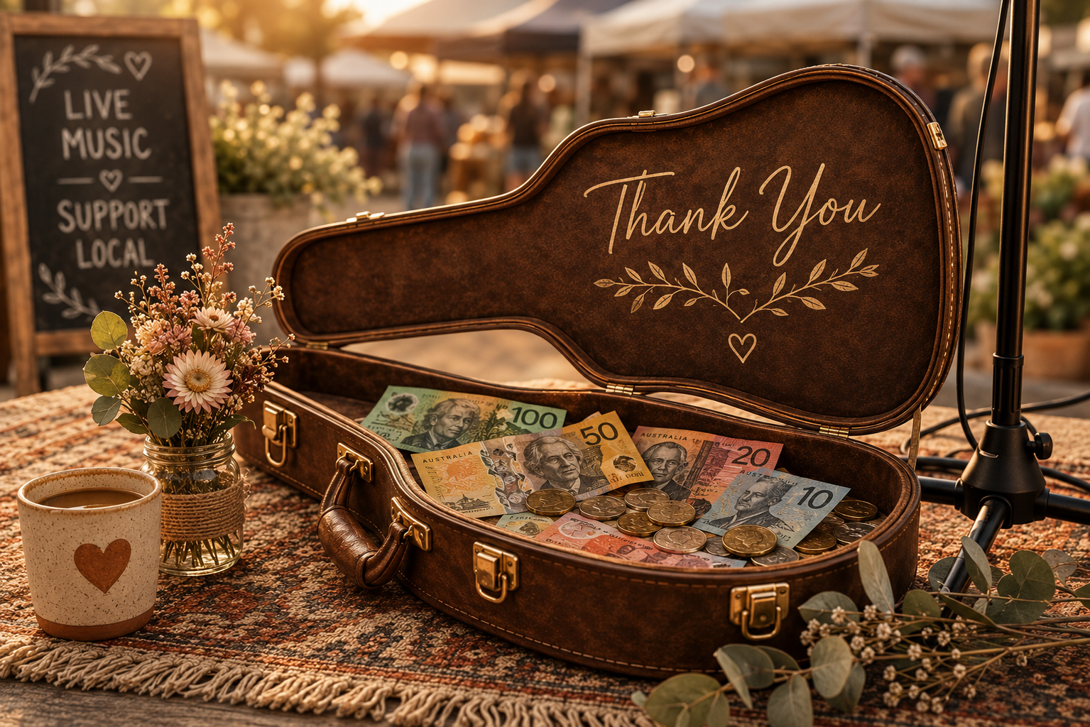Tahnee Georgias's open vintage leather money case filled with Australian dollar bills and coins on a table decorated with flowers, a mug with a heart, and a sign in the background at an outdoor event.