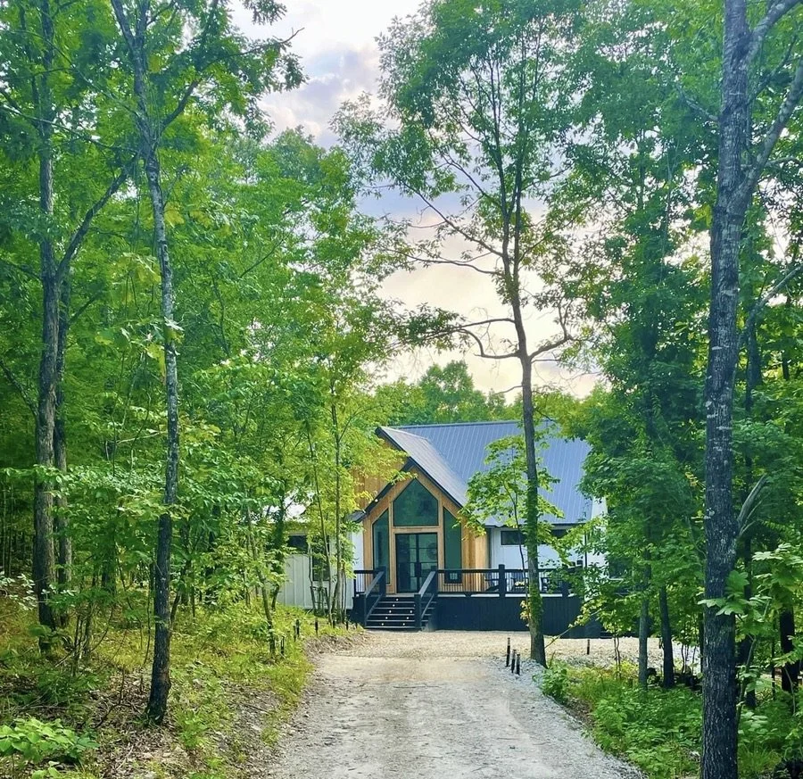 Hygge Hill, a modern cabin, with a metal roof and large glass windows, surrounded by green trees in a wooded area, with a dirt driveway leading up to it.