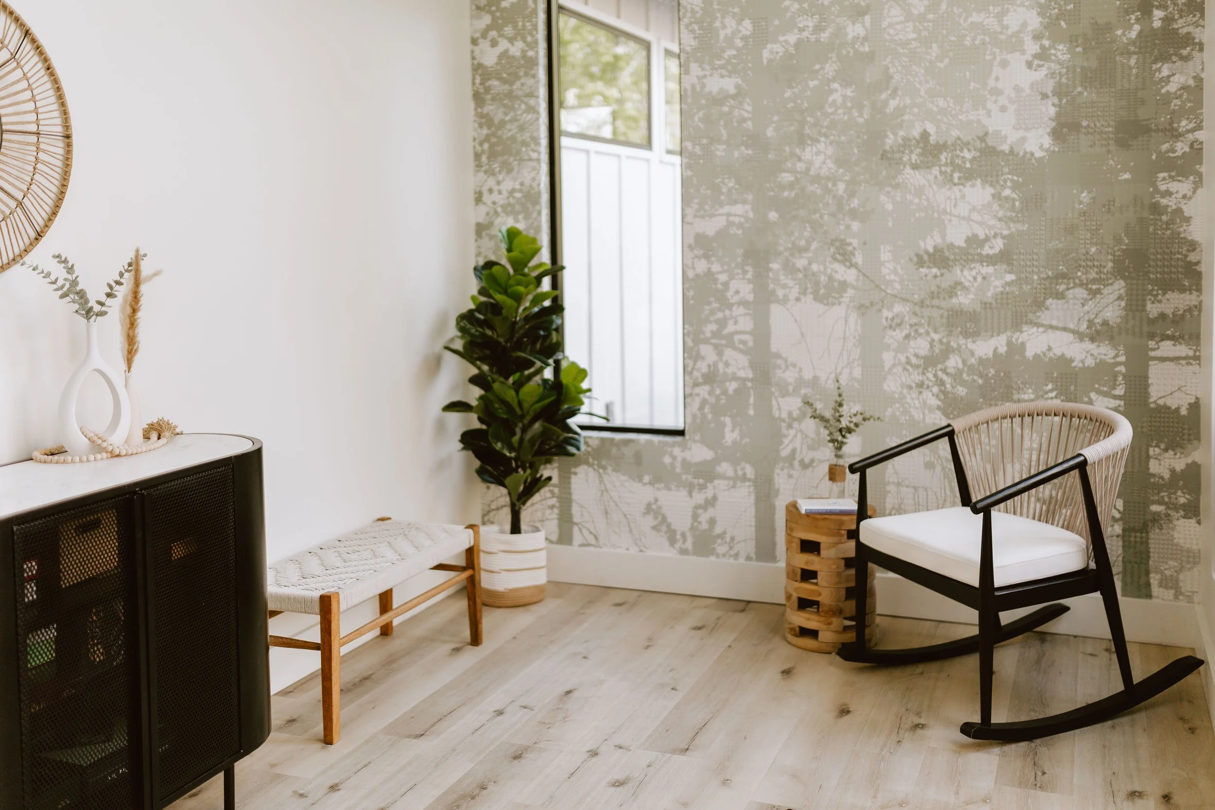 Foyer at forest wallpaper at Hygge Hill, a modern cabin, in Broken Bow/Hochatown, OK.