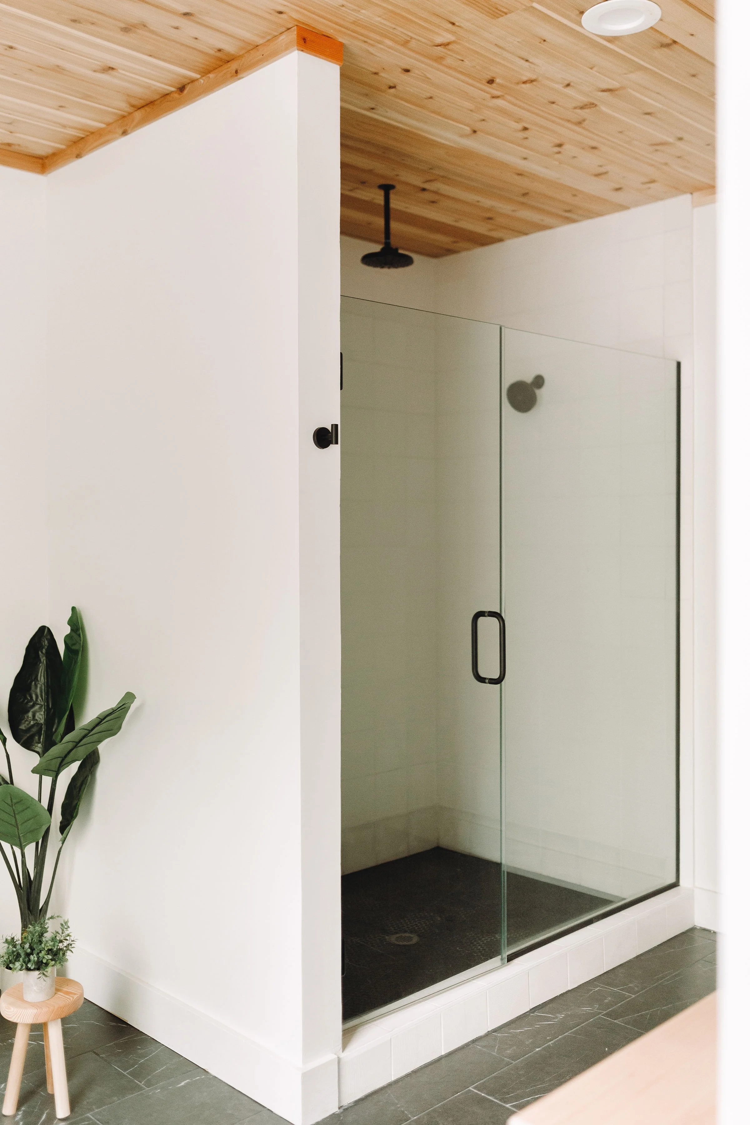 A modern minimalist bathroom shower with glass walls, black fixtures, a wooden ceiling, and a white wall. A small potted plant sits on a wooden stool next to the shower.