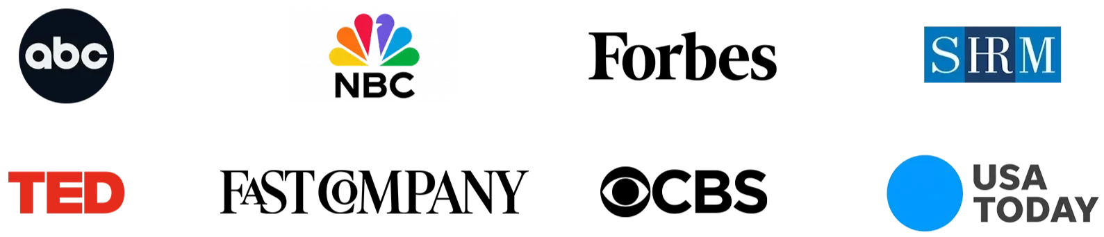 Logos for ABC, NBC, Forbes, SHRM, TED, TED Talks, Fast Company, CBS, USA Today