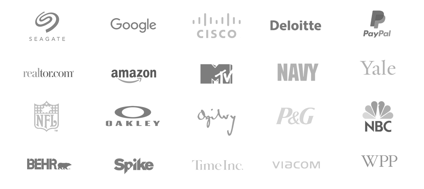 Logos for: Seagate, Google, Paypal, Teleperformance, Cisco, Deloitte, Realtor.com, Amazon, MTV, US Navy, NFL, Oakley, Ogilvy, P&C, BEHR, Spike TV, Time inc., Viacome