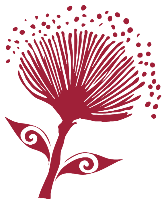 Stylised illustration of  a red pohutakawa flower and two smaller curled leaves.