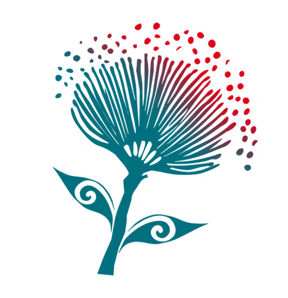 Stylised illustration of a blue and red pohutakawa flower and two smaller curled leaves.
