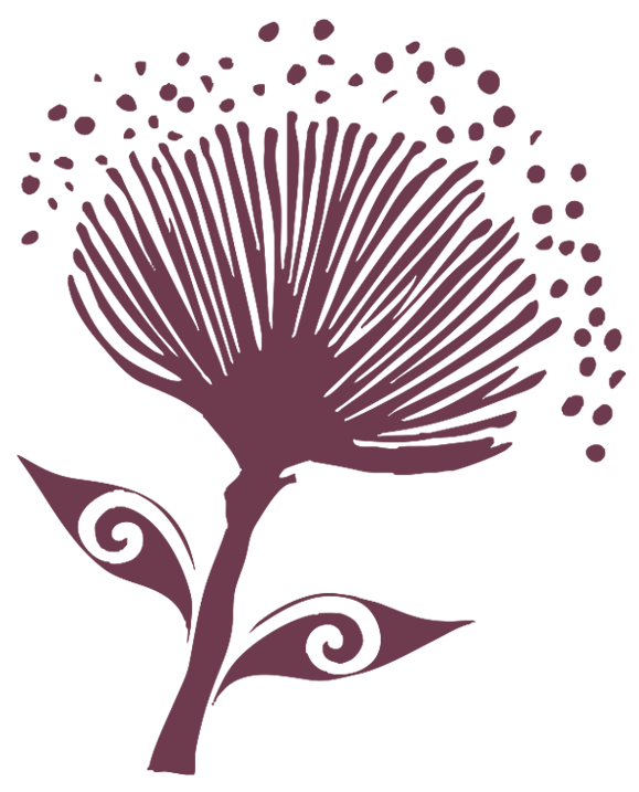 A maroon stylised pohutukawa flower and two leaves.