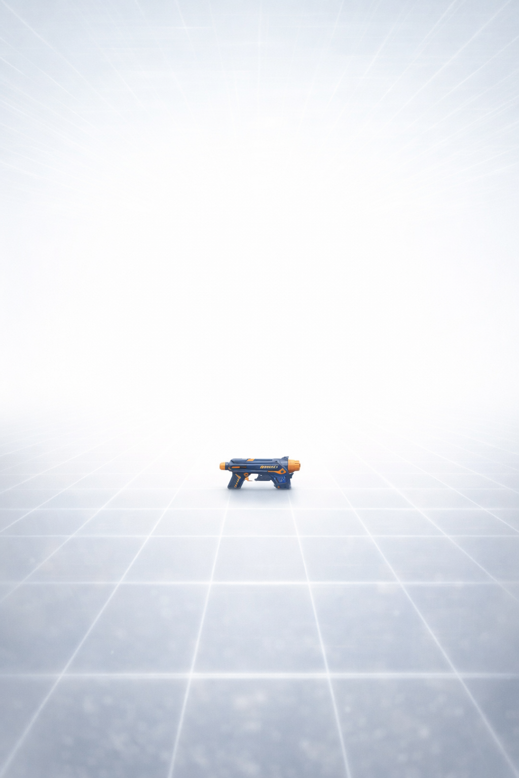 Toy water gun placed on a futuristic white grid with a bright light source at the top.