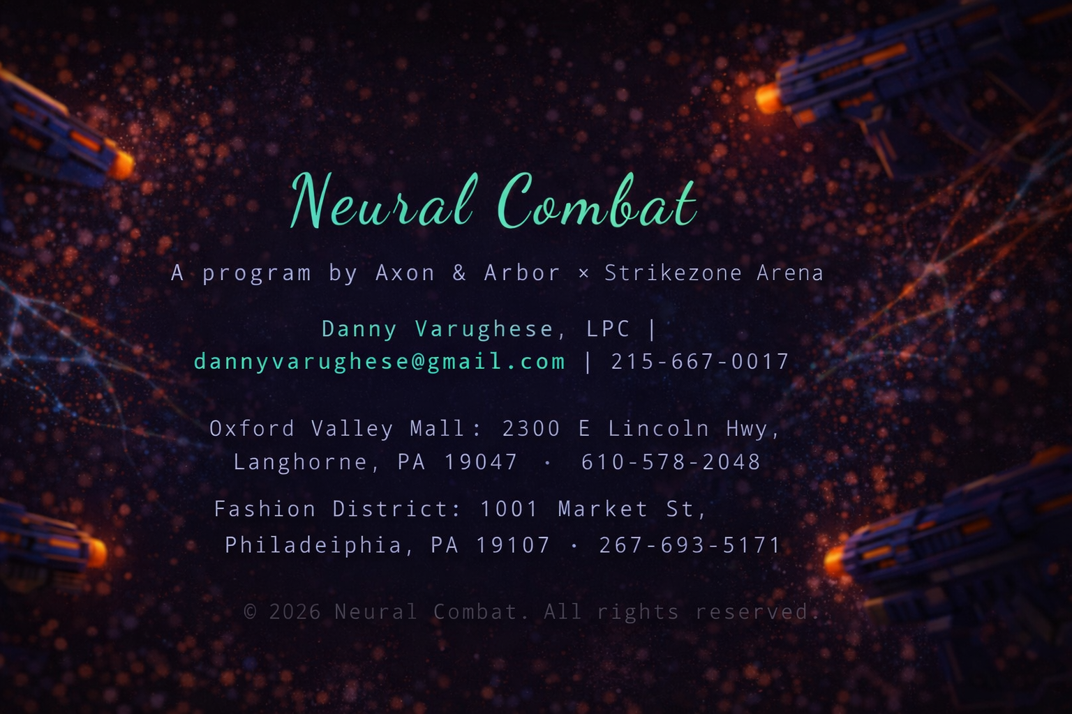Business card for Neural Combat with a space-themed background featuring floating ships and glowing particles. Contains contact information for Danny Varughese, LPC, including email, phone number, and addresses in Langhorne and Philadelphia, Pennsylvania.