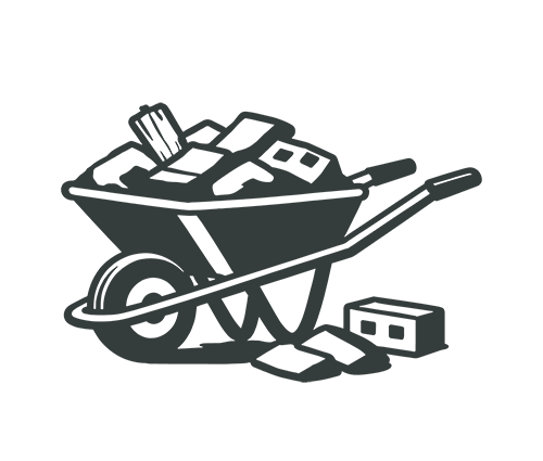 Illustration of a wheelbarrow filled with various construction tools and materials, including bricks, a trowel, blade, and a level.