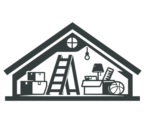 Line drawing of an attic with storage boxes, a ladder, a desk with a lamp, books, a basketball, a ruler, and a light bulb hanging from the ceiling.