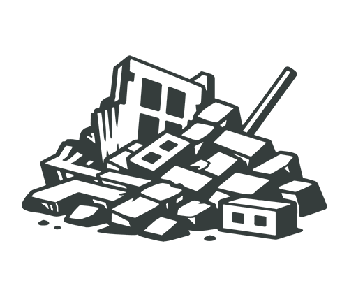 Illustration of scattered bricks and construction tools on a black background.