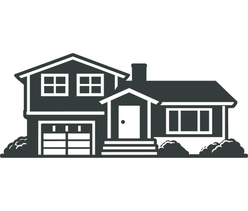 Line drawing of a two-story house with a garage, front steps, and bushes in the yard.