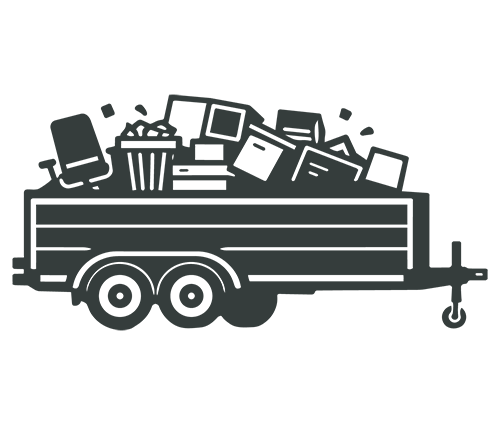 Line drawing of a trailer filled with trash and discarded items like boxes, papers, and a coffee cup.
