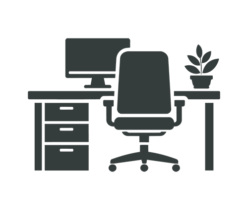 Silhouette illustration of an office desk with a computer monitor, a swivel chair, a file cabinet, and a potted plant.