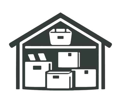 Black and white illustration of a garage filled with boxes and storage containers