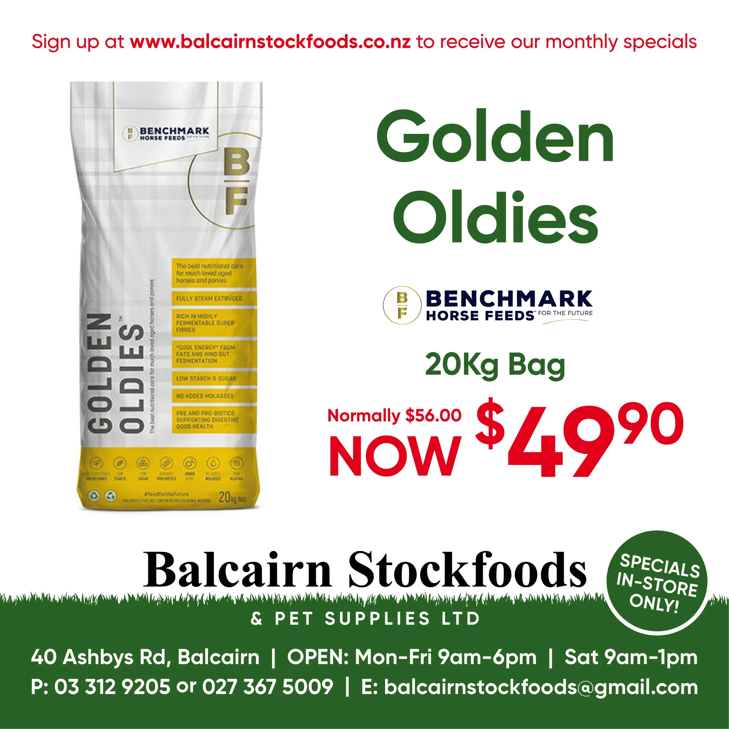 Advertisement for Golden Oldies horse feed, 20kg bag, on sale for $49.90, originally $56.00, from Balcairn Stockfoods. The ad includes store hours, location, contact info, and a website for signing up for monthly specials.