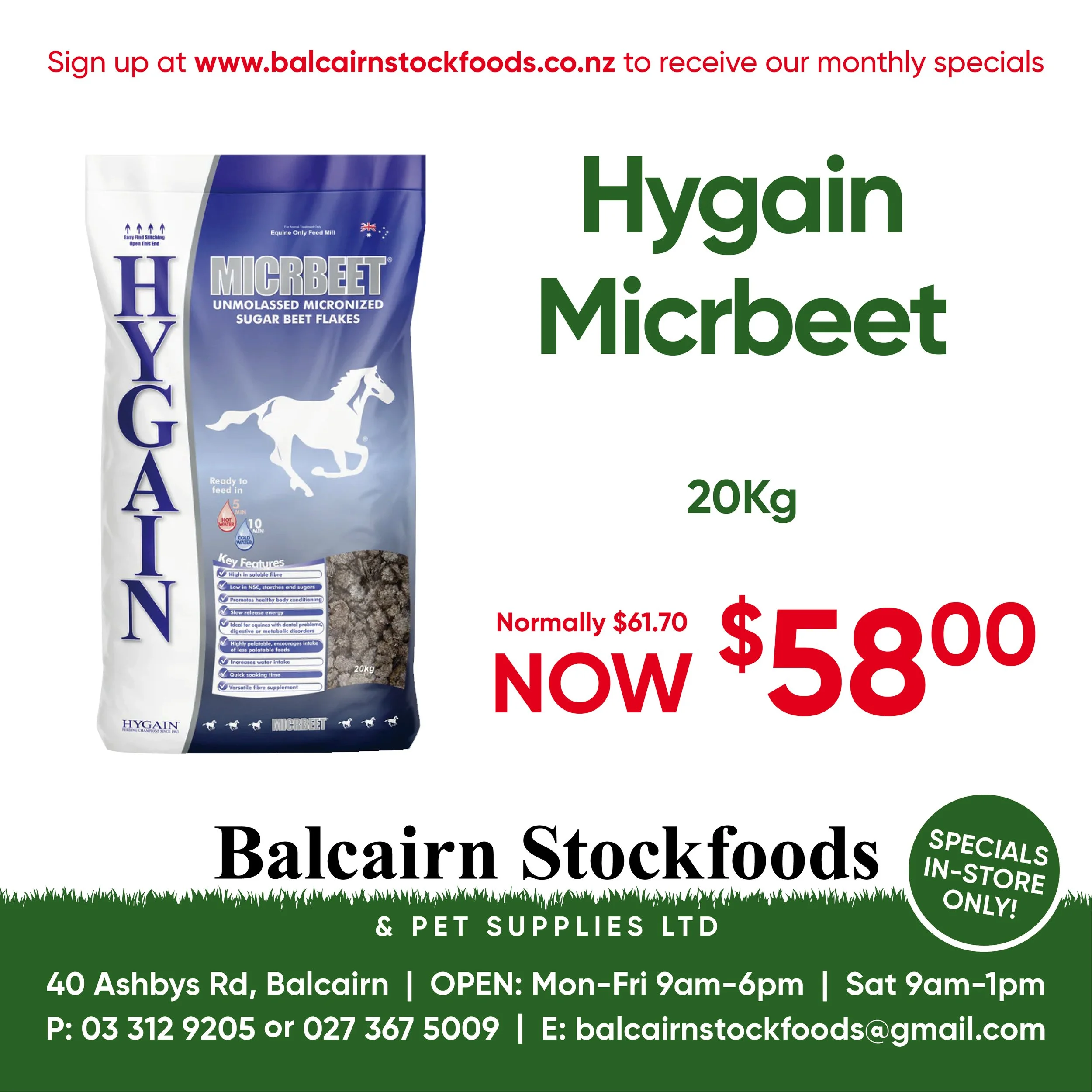 Advertisement for Hygain Microbeet horse feed, 20kg, on sale for $58, regularly $61.70, from Balcairn Stockfoods, located at 40 Ashbys Road, open Monday to Saturday.