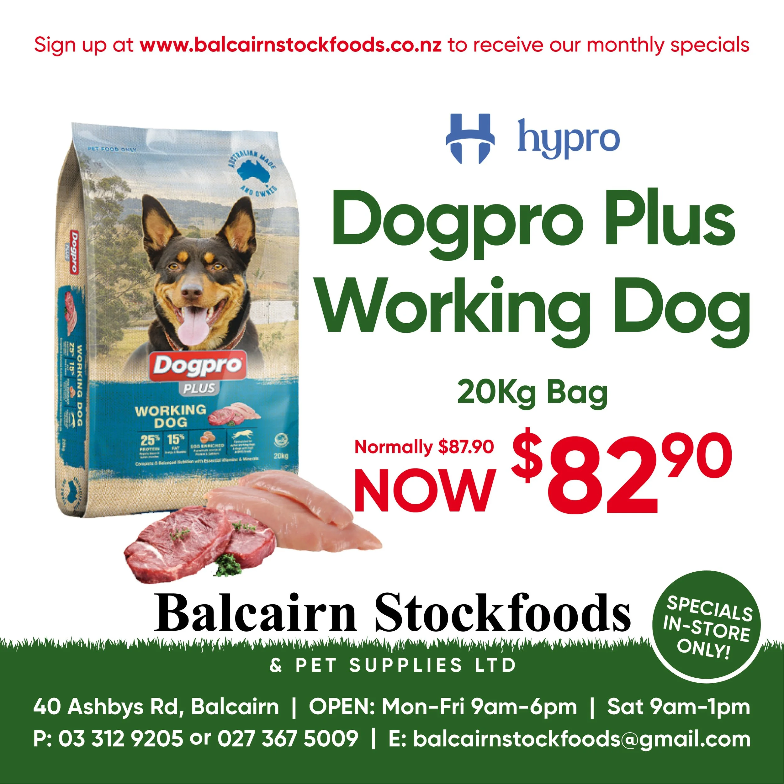 Advertisement for Dogpro Plus Working Dog food, a 20 kg bag, with a picture of a smiling dog on the front and images of raw meat below, at Balcairn Stockfoods.