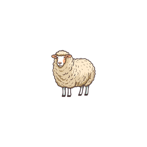 A cartoon illustration of a sheep with a fluffy white coat and a happy expression.