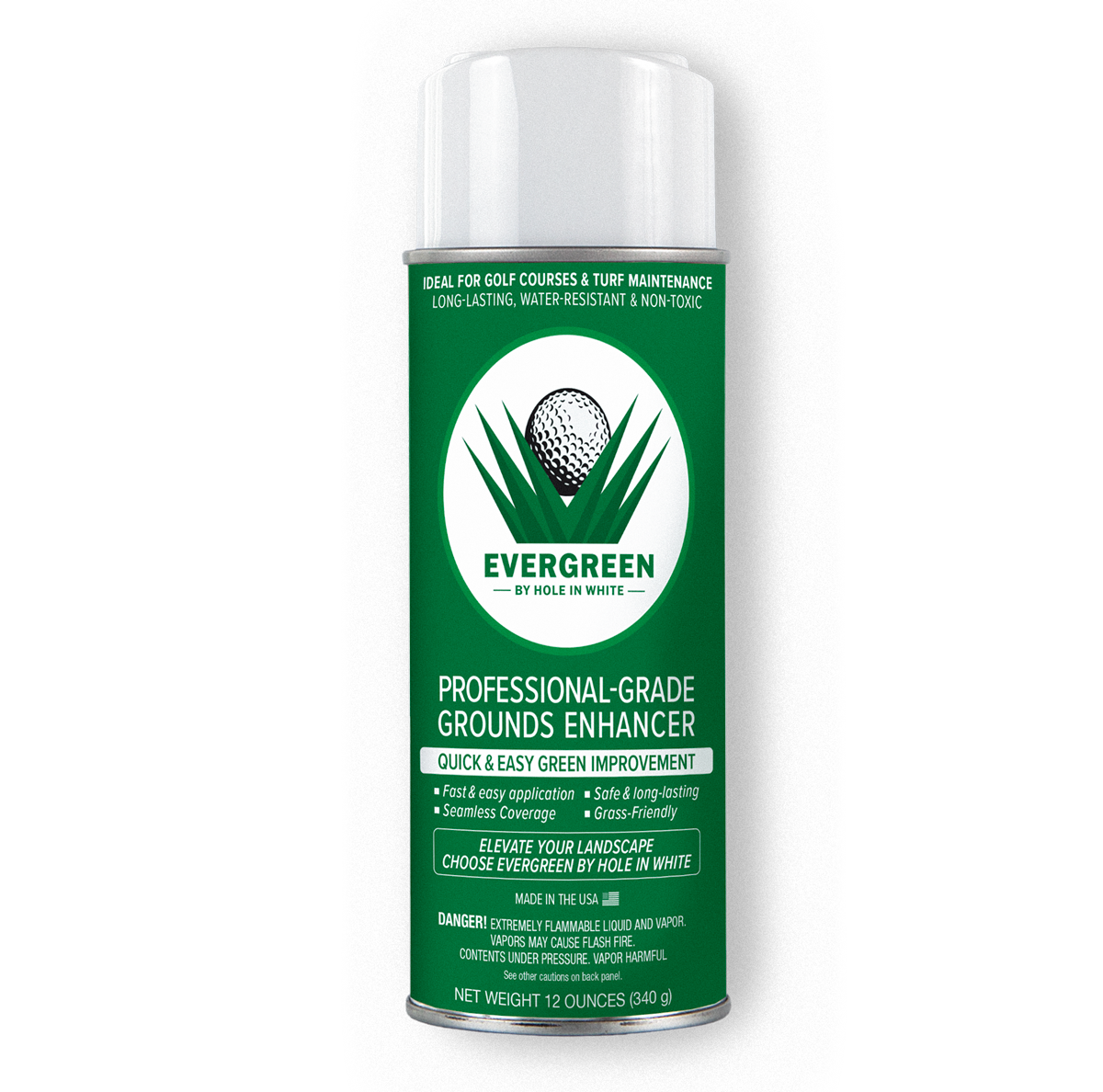 A can of Evergreen professional-grade grounds enhancer spray with a green label, white cap, and black background.
