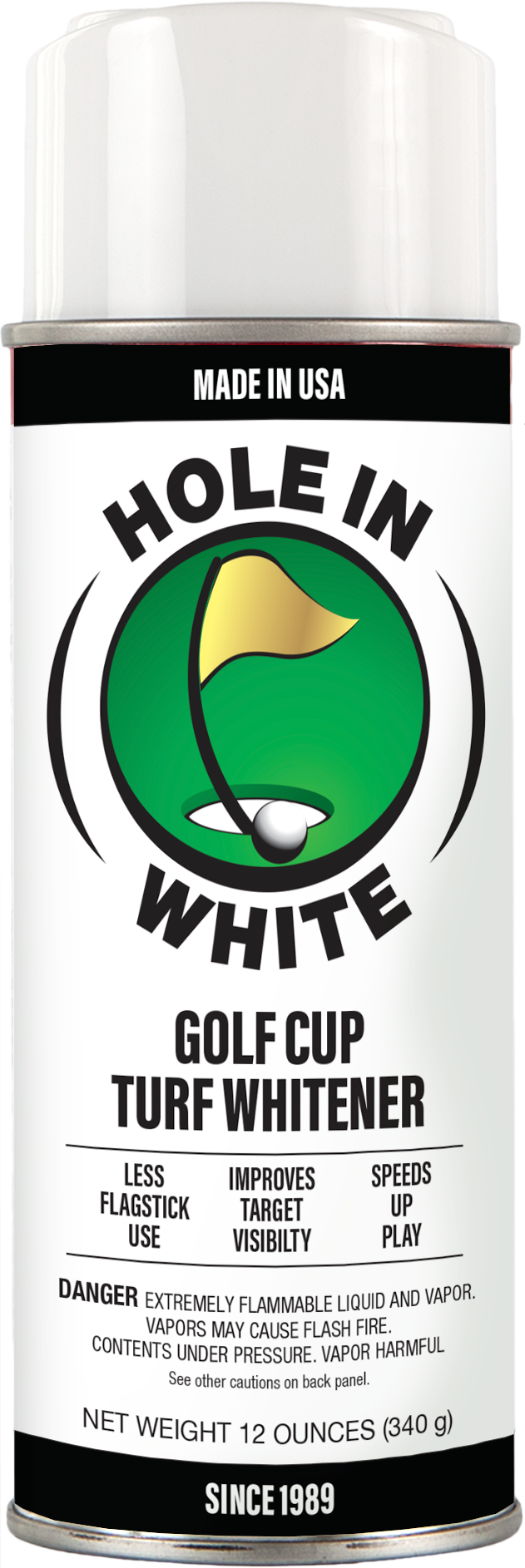 A can of golf course turf whitener spray with a white background and a black label. The label has a golf flag and the words 'Hole in White' prominently displayed, along with details about its use and safety warnings.
