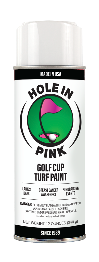 Can spray with a label that says 'Hole in Pink Golf Cup Turf Paint' and indicates it's made in the USA, for breast cancer awareness, ladies' days, and fundraising events.