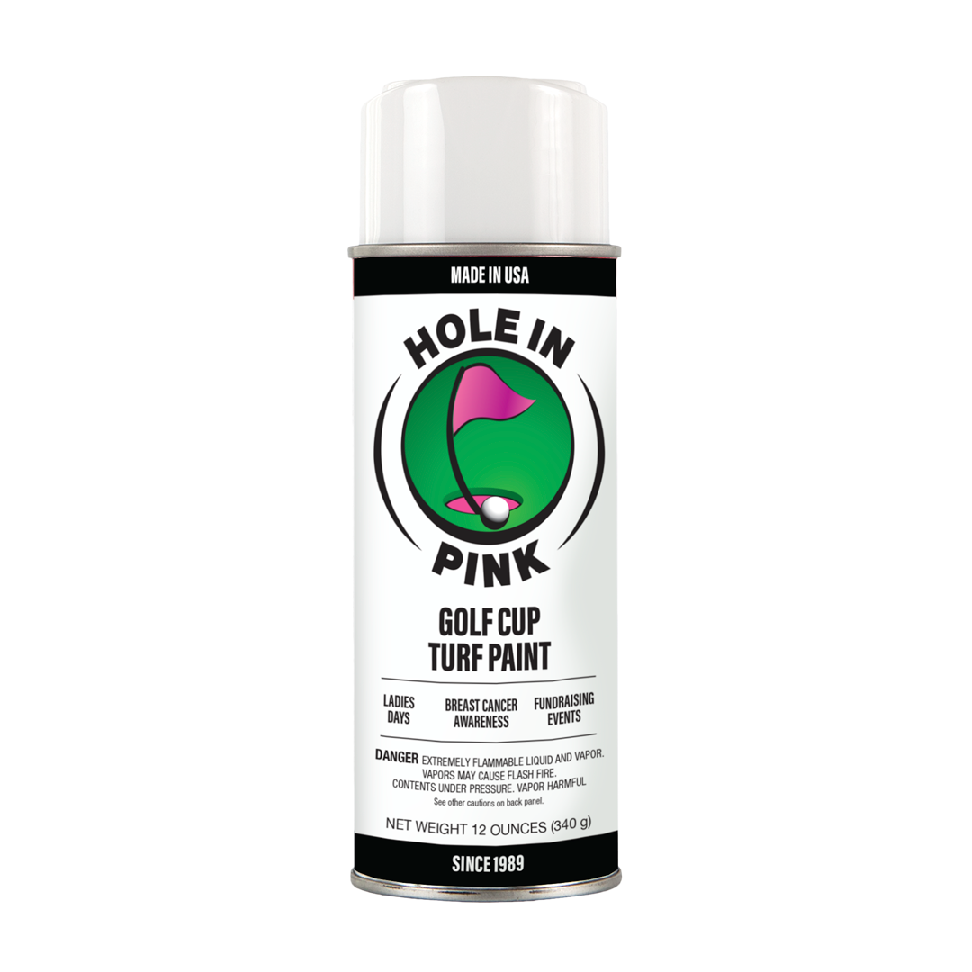 Can of golf turf paint labeled 'Hole in Pink,' made in the USA, with a golf flag logo, and warnings about flammability.