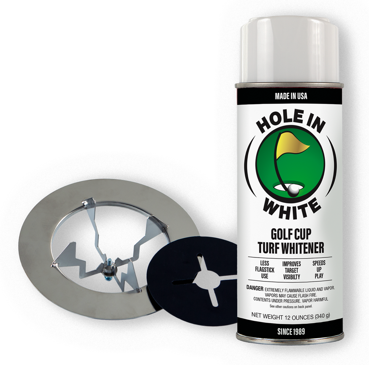 A can of Hole in White golf turf whitener spray with a metal cutting tool and a black plastic cutting disc against a black background.