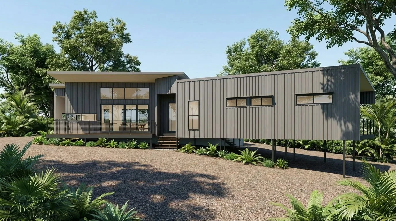 Residential Architect designs modern house on stilts with metal siding, large windows, and a deck surrounded by lush green trees and plants.