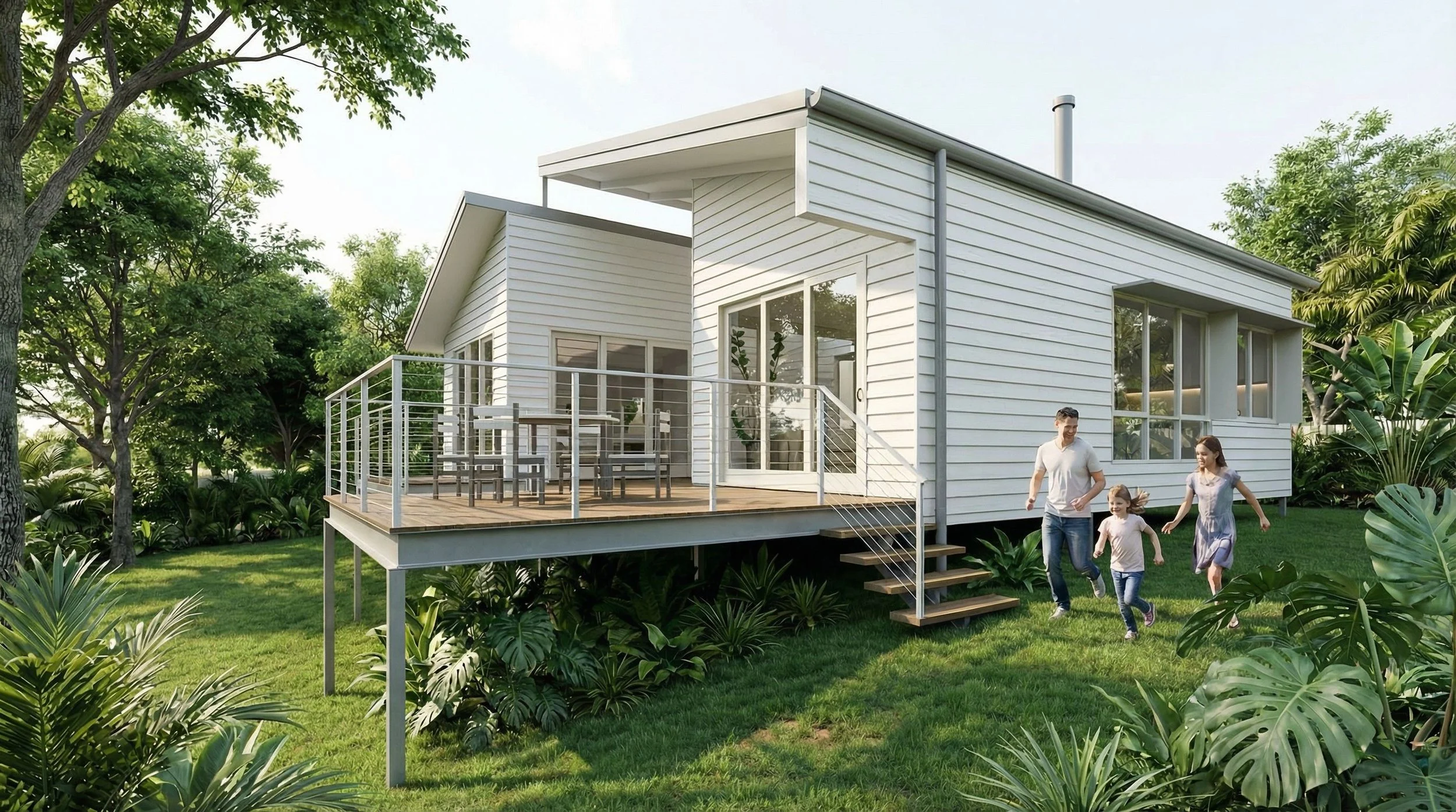 Family of three running on lawn towards modern white house with deck, surrounded by lush green plants and trees.