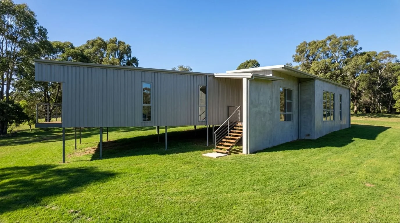 A modern elevated house features exterior cladding to Lysaght Long Line Shale Grey and tall glass wi (1).jpeg