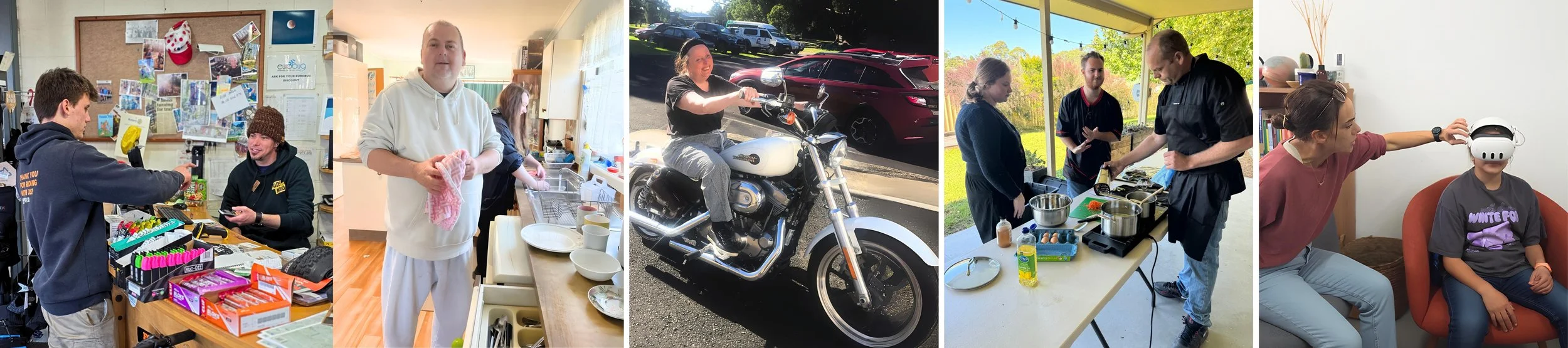 Series of six photos showing people engaged in various activities: shopping at a store, cooking in a kitchen, riding a motorcycle outdoors, preparing food at a picnic table, and testing a virtual reality headset indoors.