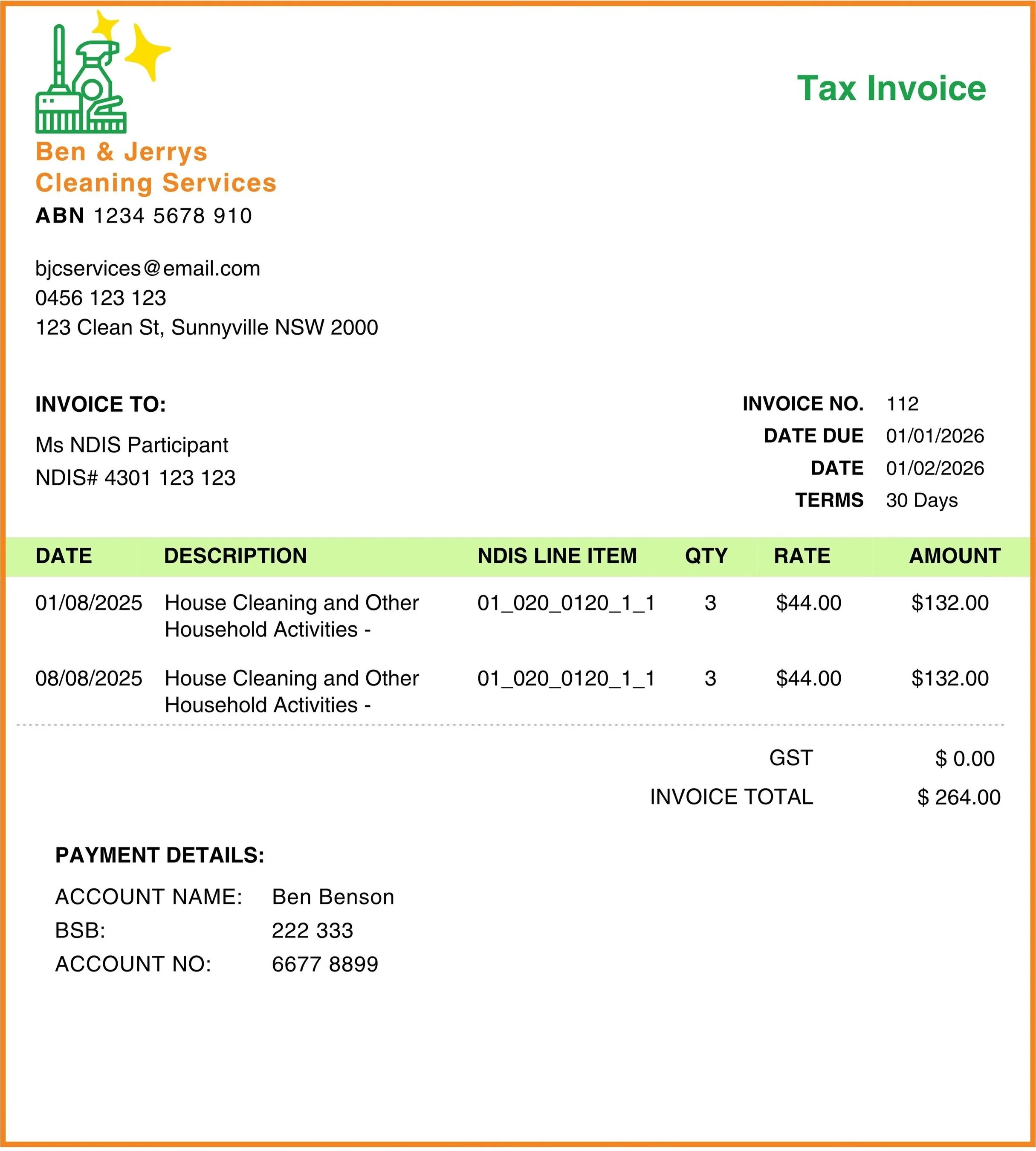 Example image of NDIS compliant Invoice