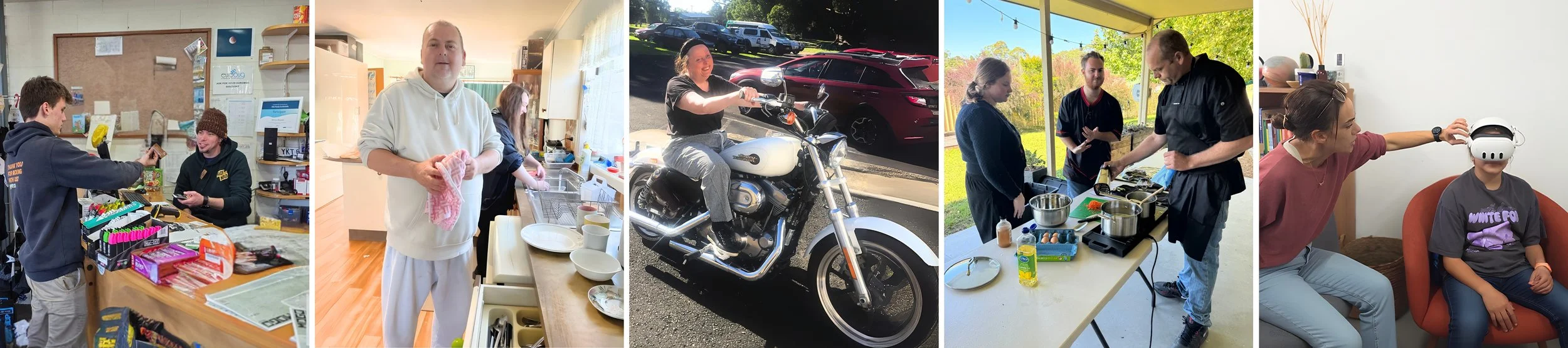 Collage of six images depicting various activities: people shopping at a market, a person cooking in a kitchen, a woman riding a motorcycle, a family cooking outdoors, another person teaching or demonstrating cooking, and a woman helping a girl with virtual reality headset.