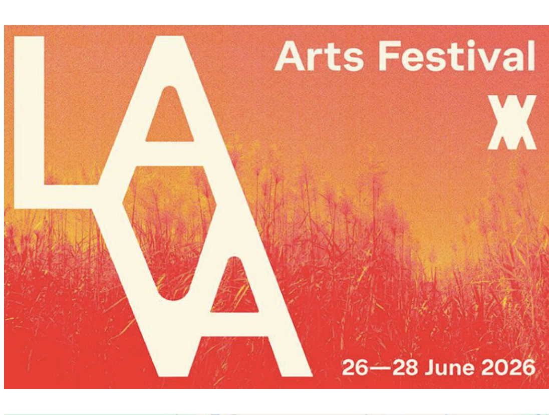 Poster for an arts festival taking place from June 26 to 28, 2026, with background of a field with red grass and an orange sky.